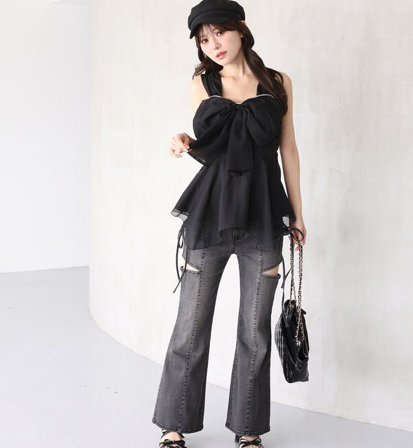  「【 XS/S/Mサイズ展開】サイドスリットリボン美脚デニムパンツ」|その他|