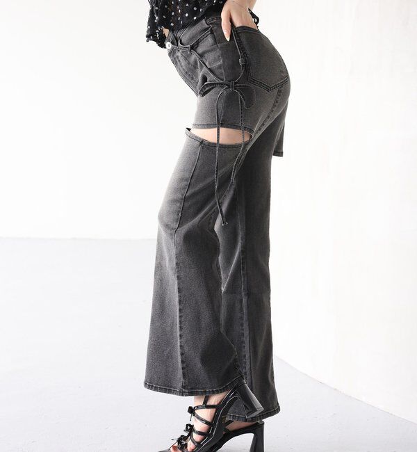 「【 XS/S/Mサイズ展開】サイドスリットリボン美脚デニムパンツ」|その他|