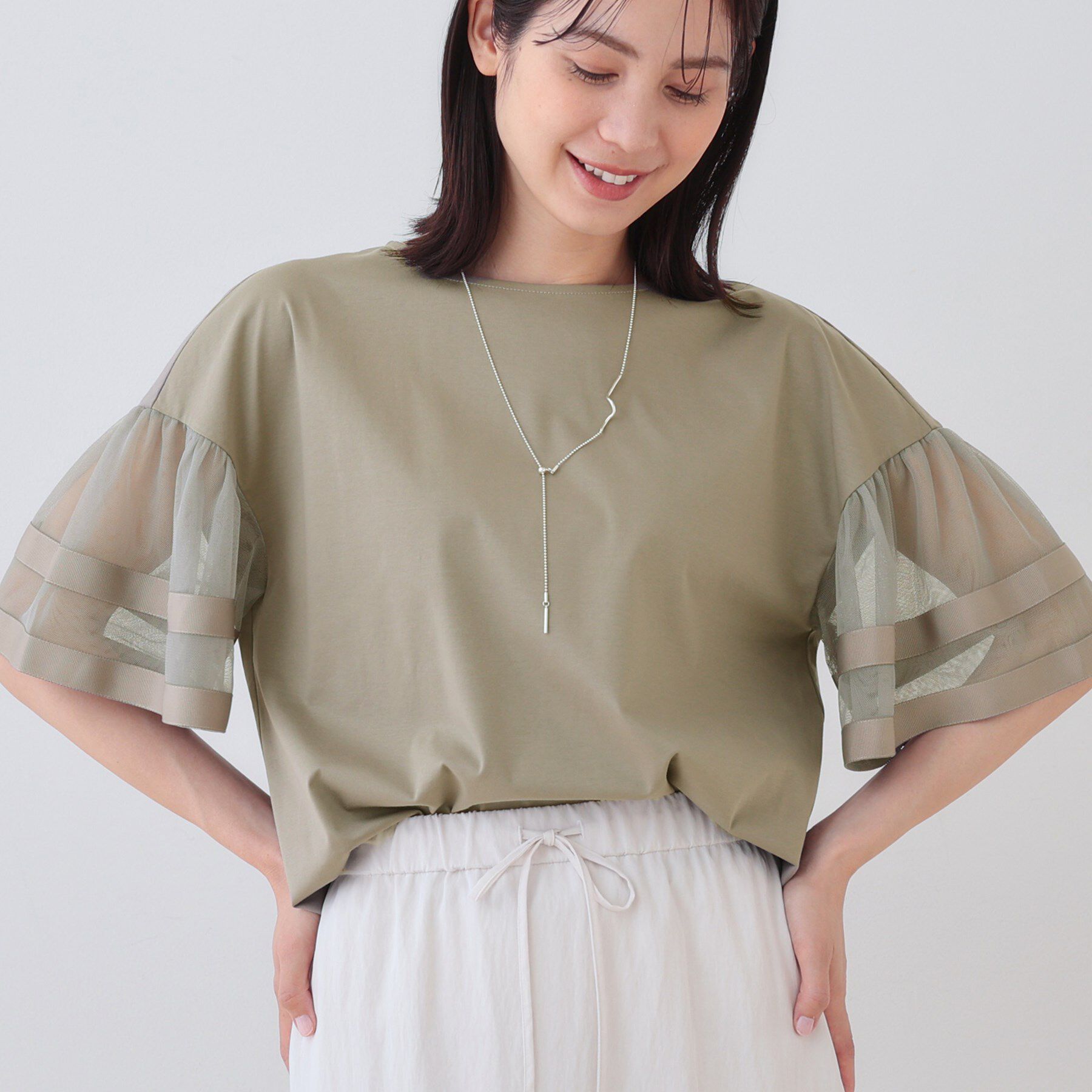 INDIVI「チュールスリーブカットソー」|Tシャツ・カットソー|モカブラウン(042