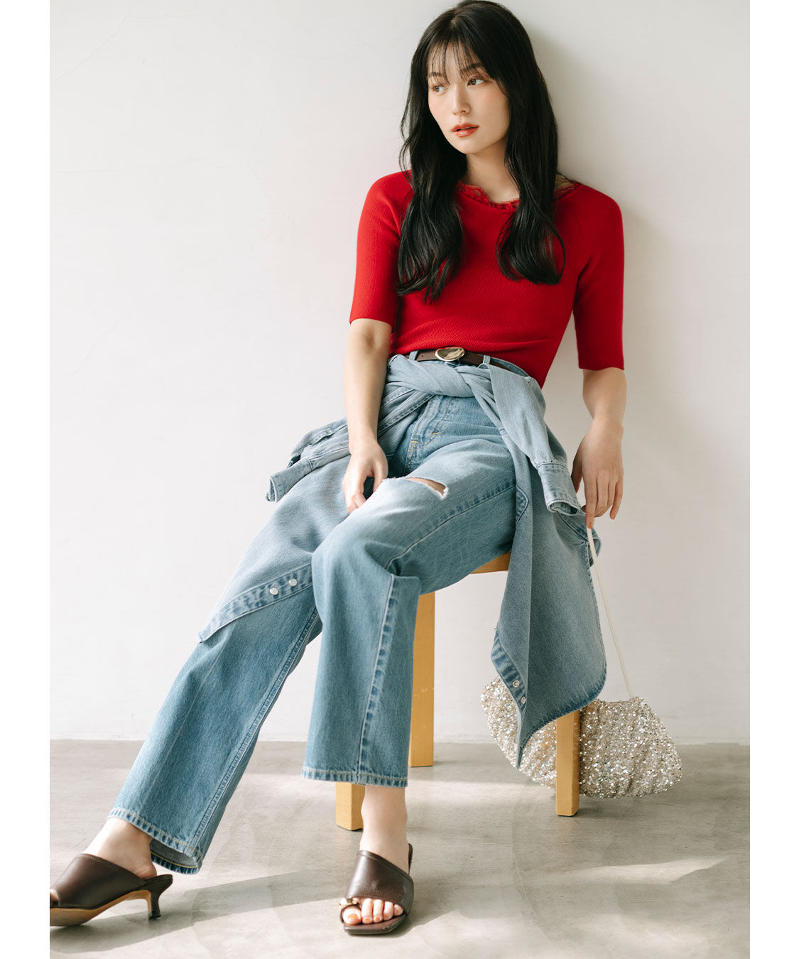 COCO DEAL「《COCO DEAL/Lee》ニースリットストレートデニムパンツ」|デニム|ブルー