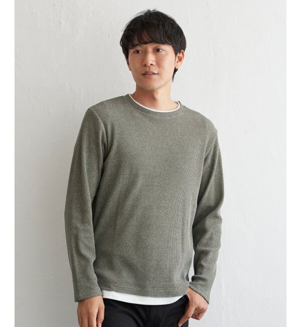 ikka「メランジワッフルフェイクロンTシャツ」|Tシャツ・カットソー|オリーブ
