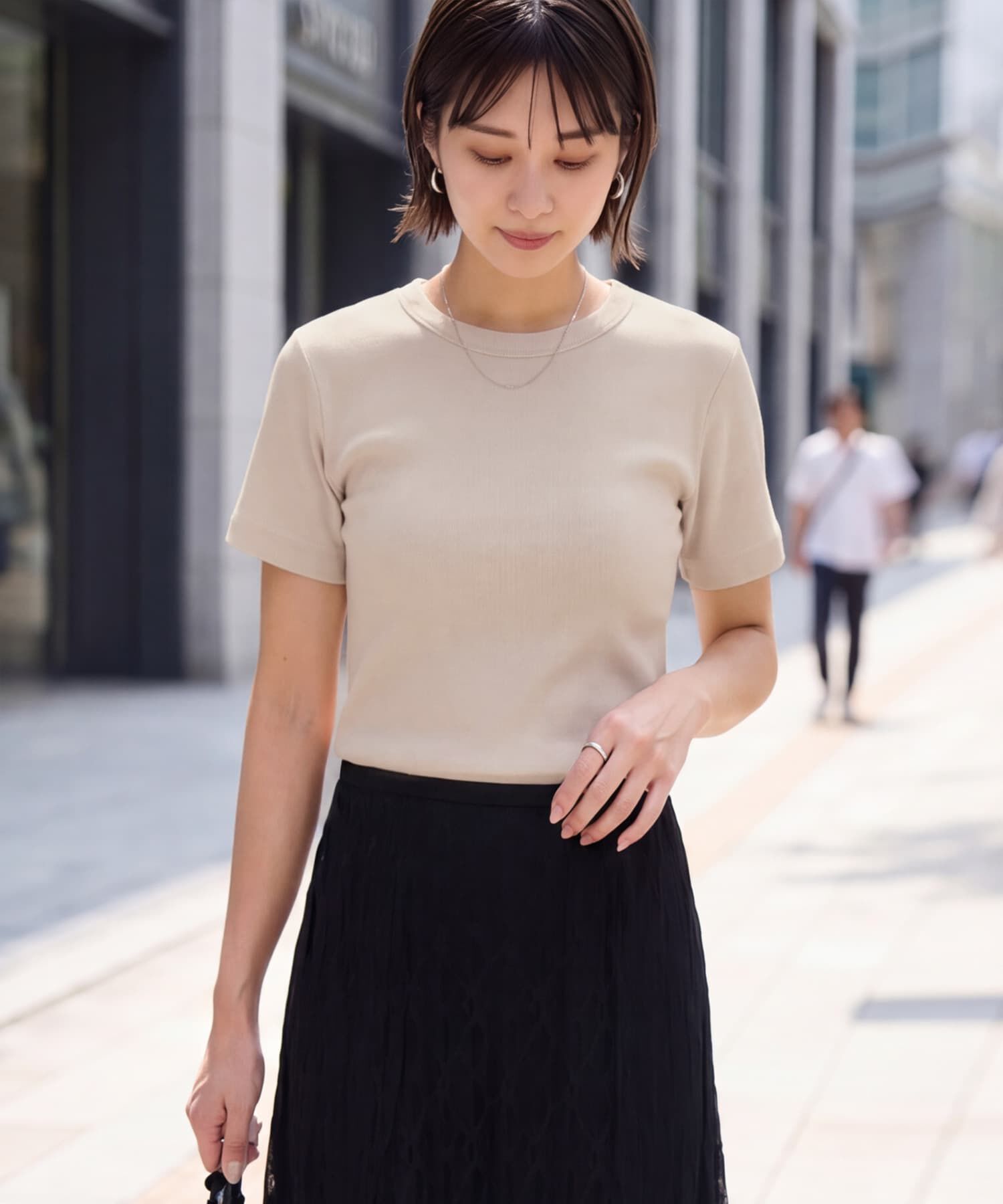 STYLE DELI「【Made in JAPAN】リブ半袖カットソートップス」|Tシャツ・カットソー|グレージュ