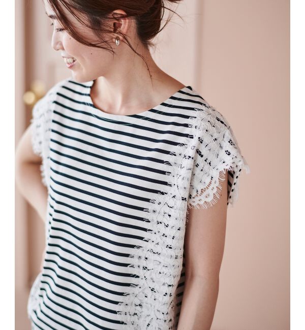 le.coeur blanc「《手洗い可能》Perle Peche ボーダー&times;レースカットソー」|Tシャツ・カットソー|オフ／柄