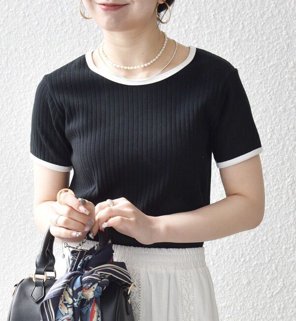 SHIPS any「《一部追加予約》SHIPS any:〈洗濯機可能〉テレコ リブ バイカラー ショートスリーブ TEE」|Tシャツ・カットソー|ブラック