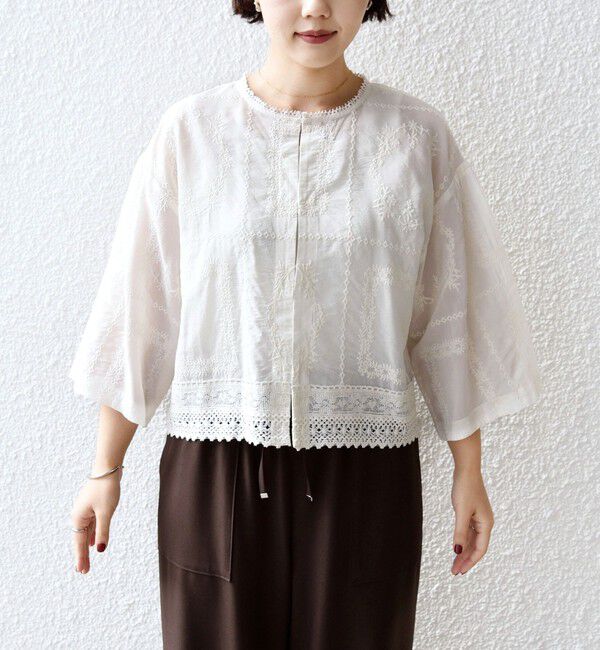 SHIPS for women「《一部追加予約》〈手洗い可能〉パッチワーク レース ショート スリーブ 羽織 ブラウス」|シャツ・ブラウス|
