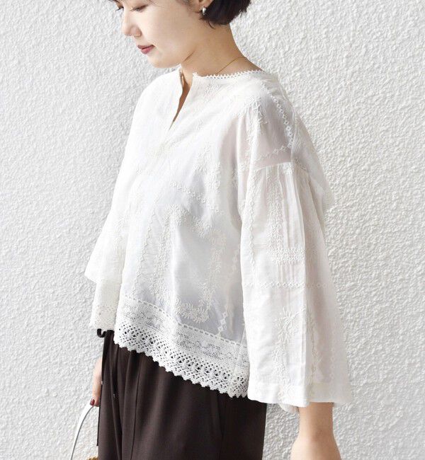 SHIPS for women「《一部追加予約》〈手洗い可能〉パッチワーク レース ショート スリーブ 羽織 ブラウス」|シャツ・ブラウス|