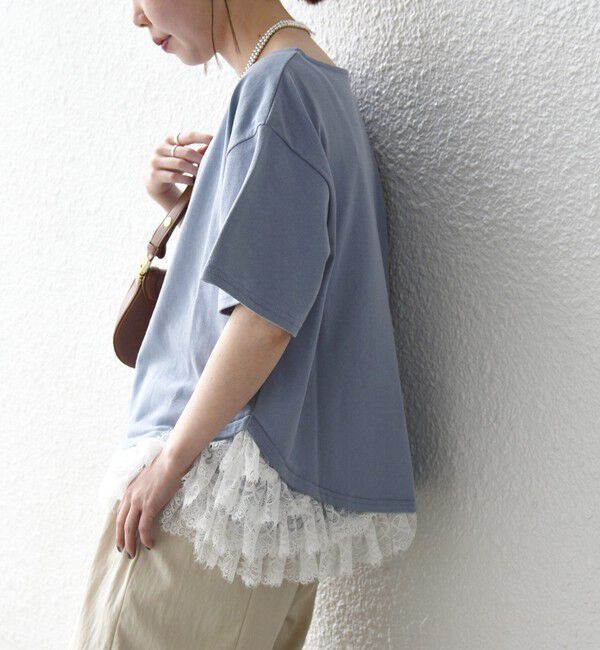 SHIPS any「《予約》SHIPS any:〈洗濯機可能〉レース ヘム アシンメトリー ショートスリーブ TEE」|Tシャツ・カットソー|ブルー