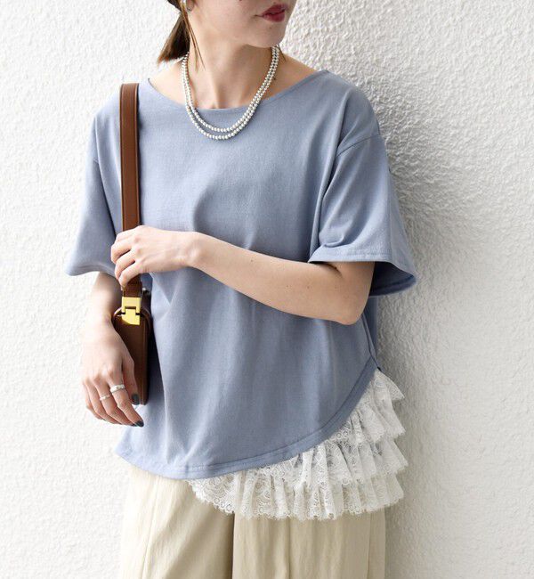 SHIPS any「《予約》SHIPS any:〈洗濯機可能〉レース ヘム アシンメトリー ショートスリーブ TEE」|Tシャツ・カットソー|
