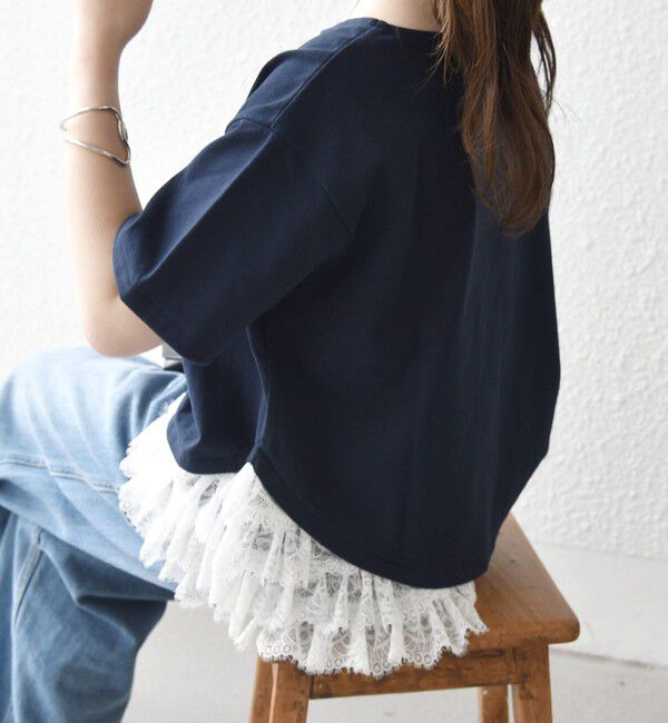 SHIPS any「《予約》SHIPS any:〈洗濯機可能〉レース ヘム アシンメトリー ショートスリーブ TEE」|Tシャツ・カットソー|ネイビー