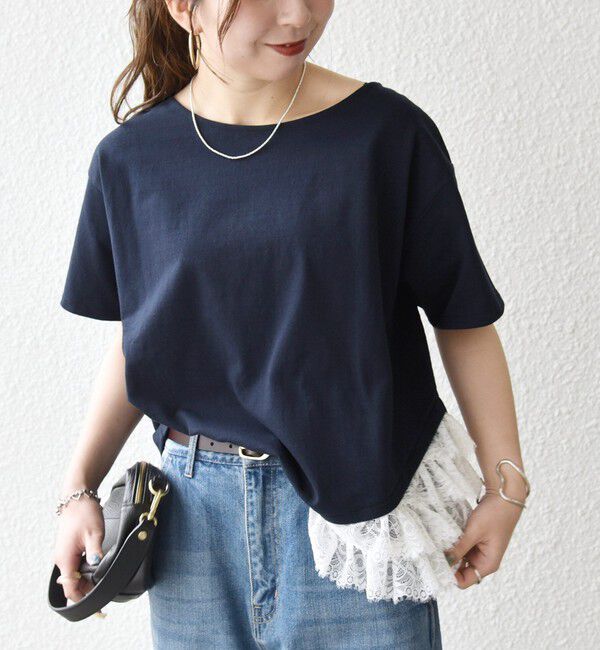 SHIPS any「《予約》SHIPS any:〈洗濯機可能〉レース ヘム アシンメトリー ショートスリーブ TEE」|Tシャツ・カットソー|