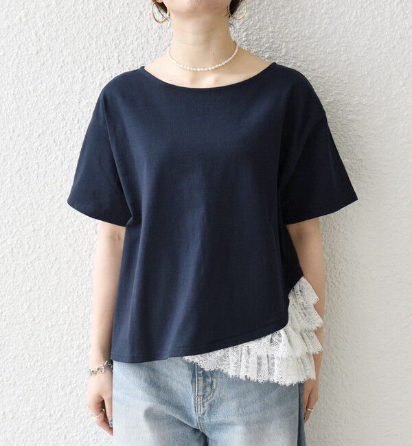 SHIPS any「《予約》SHIPS any:〈洗濯機可能〉レース ヘム アシンメトリー ショートスリーブ TEE」|Tシャツ・カットソー|