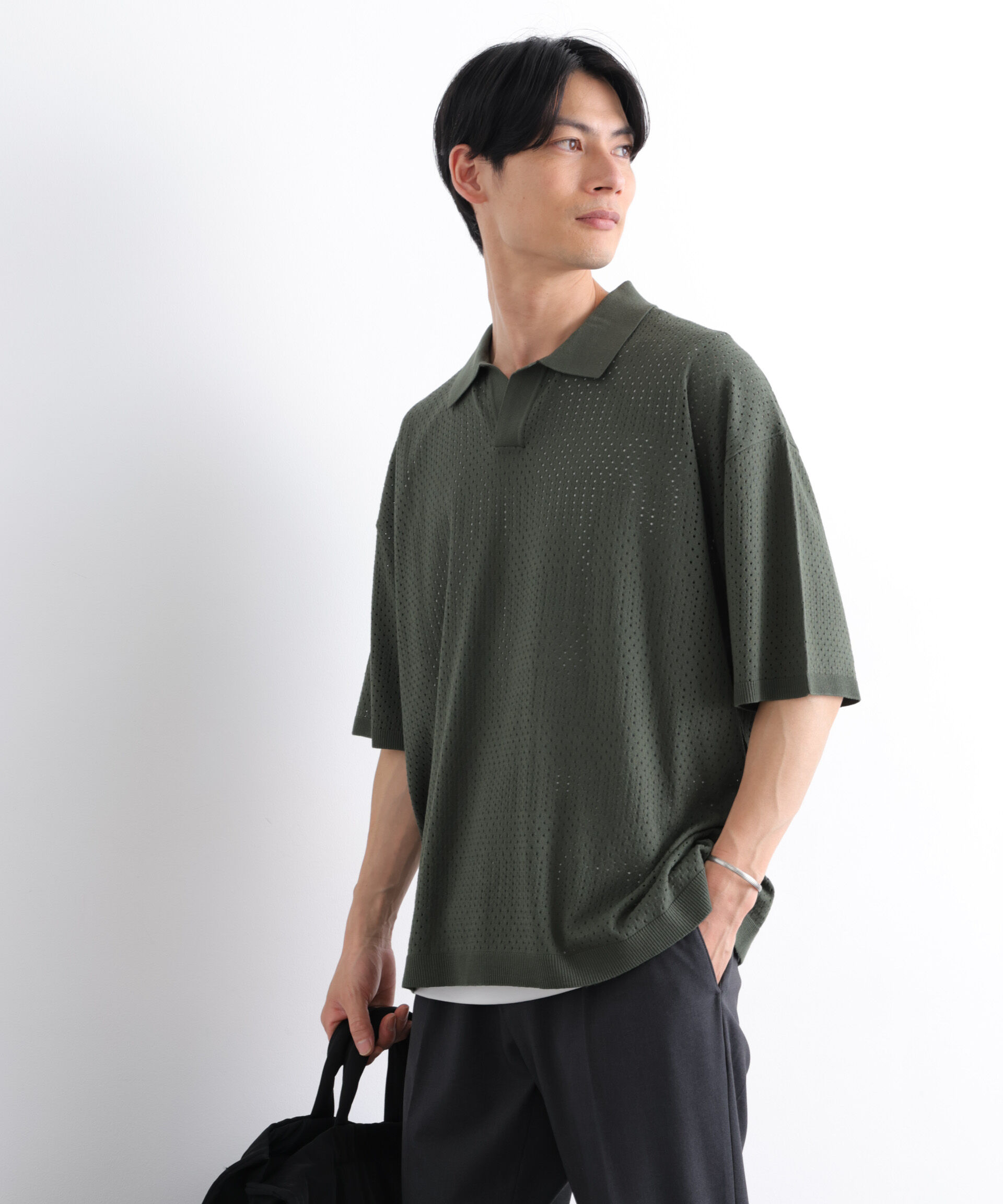 nano･universe「WEB限定/スキッパーテックニットポロシャツ/半袖」|Tシャツ・カットソー|グリーン