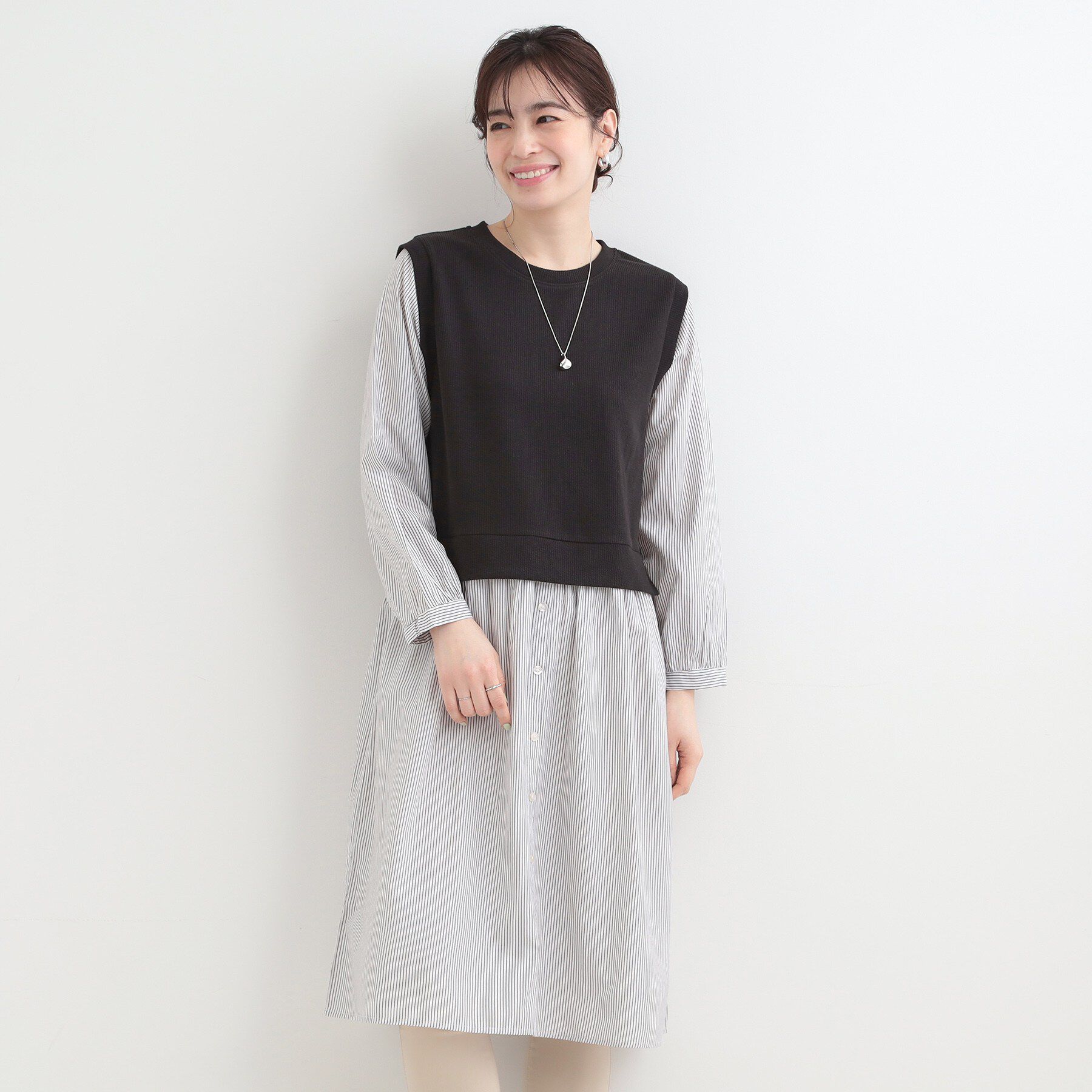 SHOO･LA･RUE「【S-LL/体型カバー】ストライプが爽やか　ベストドッキングシャツワンピース」|ワンピース|