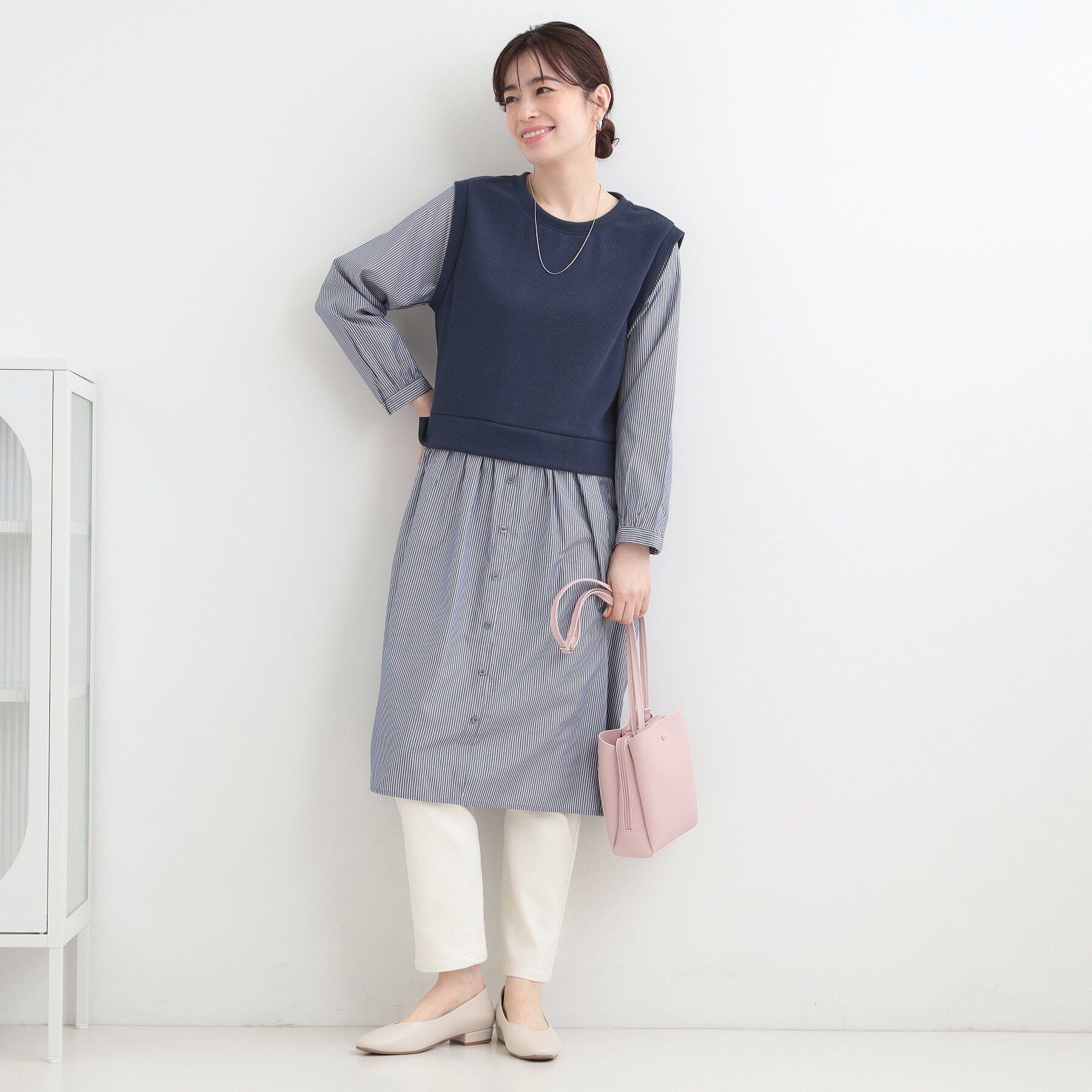 SHOO･LA･RUE「【S-LL/体型カバー】ストライプが爽やか　ベストドッキングシャツワンピース」|ワンピース|