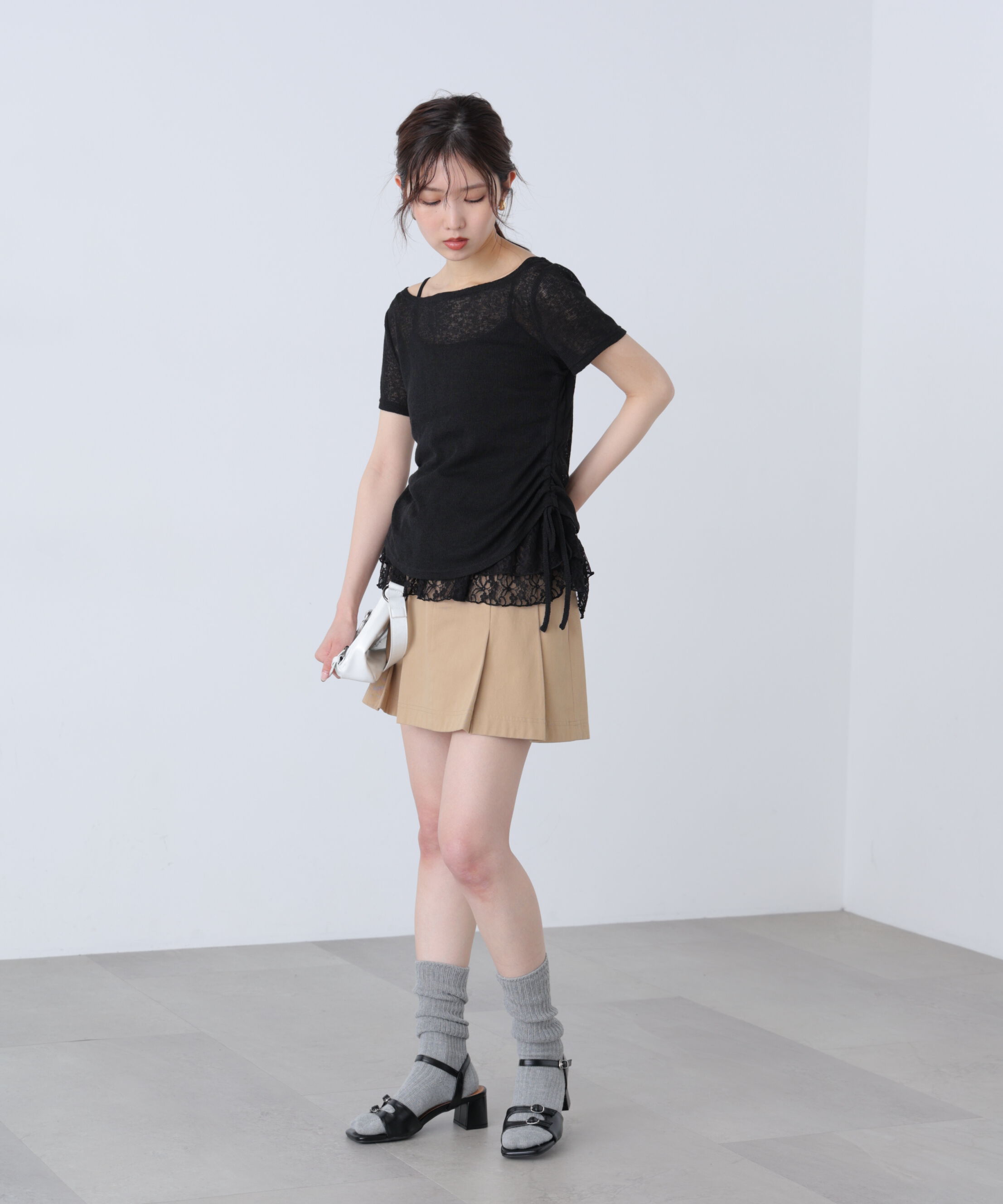  「メランジドロスト半袖レースティアードキャミセット」|Tシャツ・カットソー|