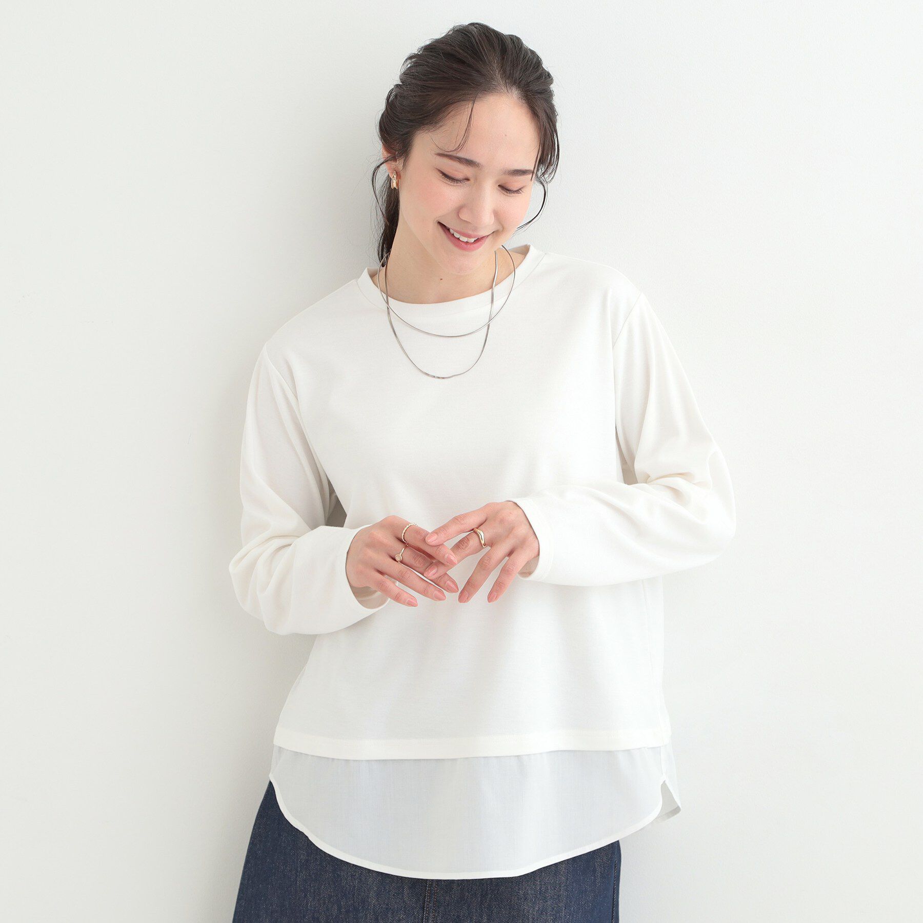 SHOO･LA･RUE「【洗濯機可/S-LL】レイヤードスタイルにおすすめ 裾切替 スムースロンT」|Tシャツ・カットソー|
