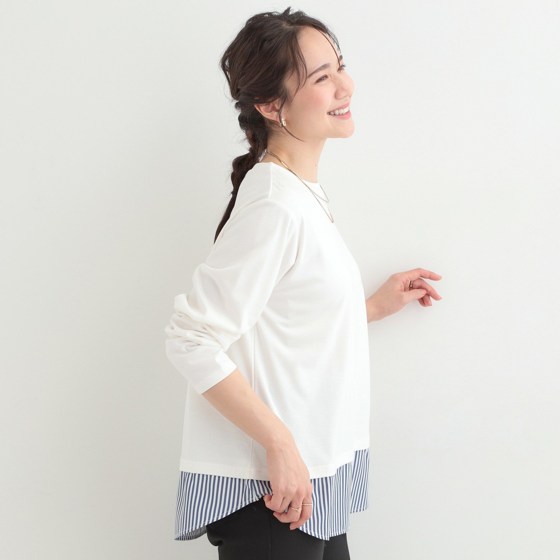 SHOO･LA･RUE「【洗濯機可/S-LL】レイヤードスタイルにおすすめ 裾切替 スムースロンT」|Tシャツ・カットソー|