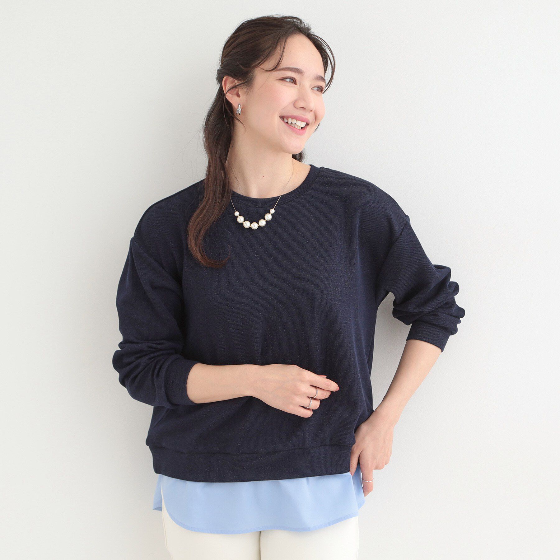 SHOO･LA･RUE「【洗濯機可】1枚でサマ見え ラメニットソー レイヤード風トップス」|Tシャツ・カットソー|