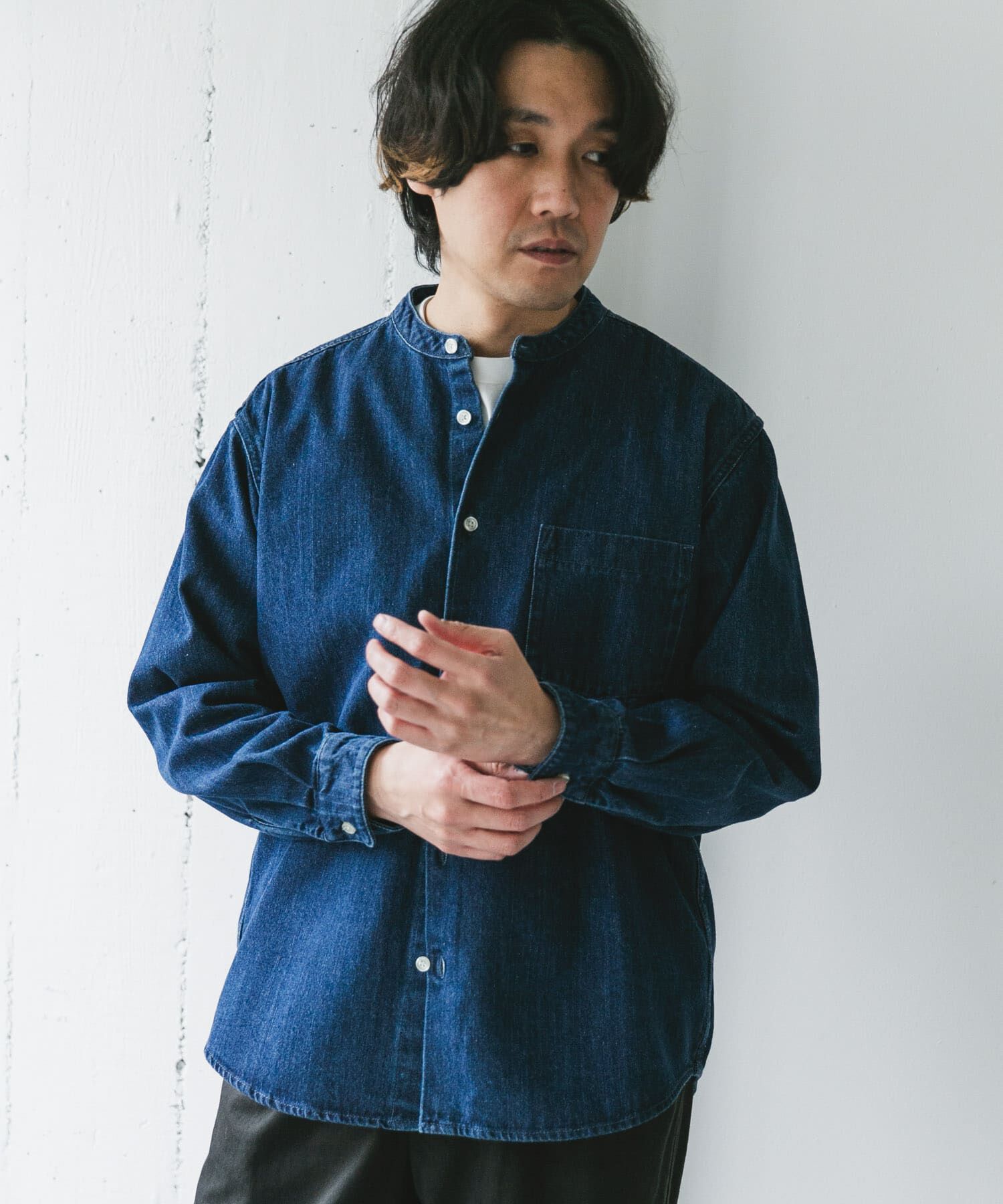 URBAN RESEARCH DOORS「デニムバンドカラーシャツ」|シャツ・ブラウス|ブルー