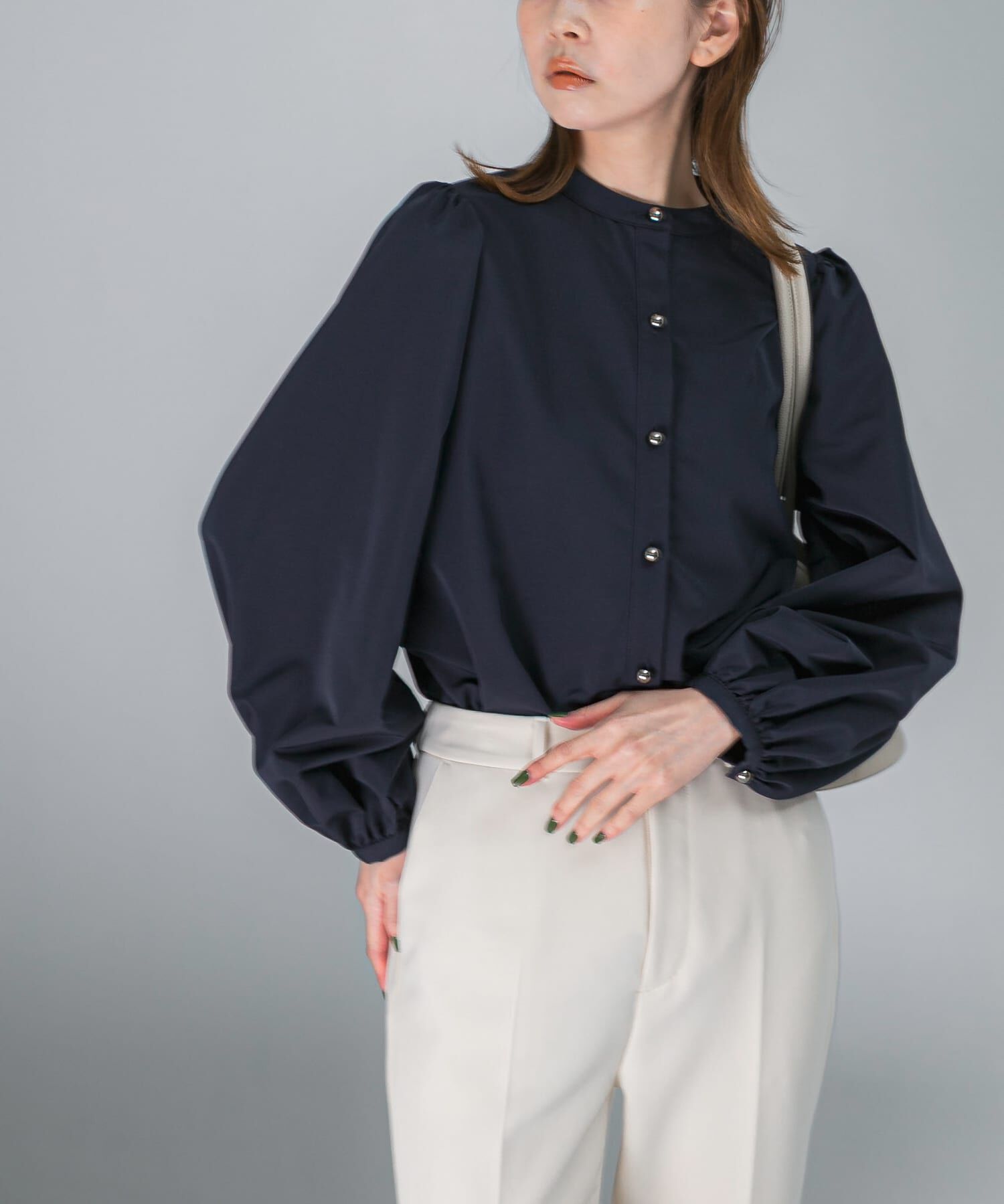 URBAN RESEARCH ROSSO「バンドカラーボリュームシャツブラウス」|シャツ・ブラウス|ネイビー