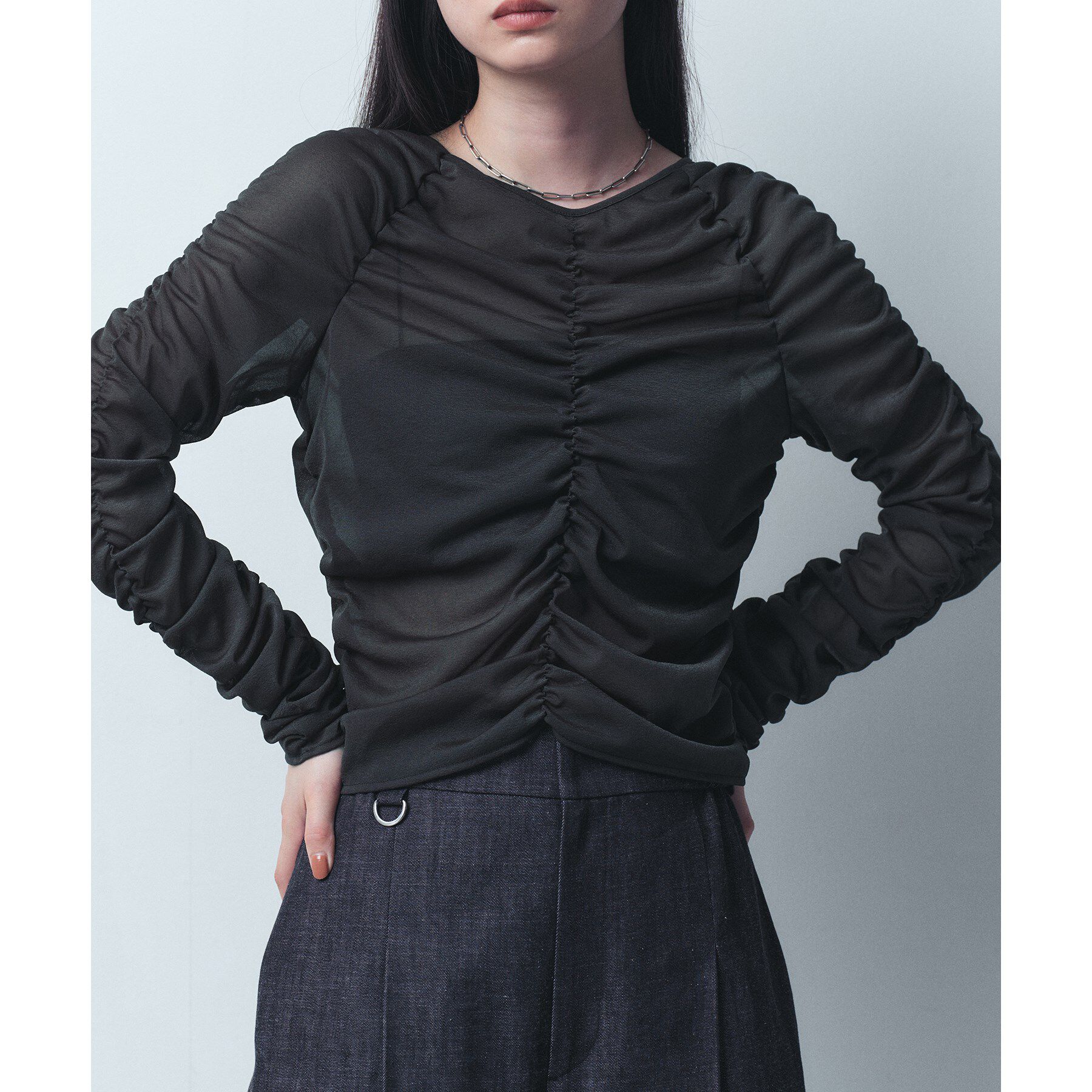 CODE A「sheer gathered jersey top」|Tシャツ・カットソー|