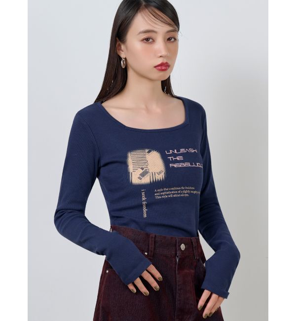 MURUA「クロップドメッセージトップス」|Tシャツ・カットソー|ネイビー