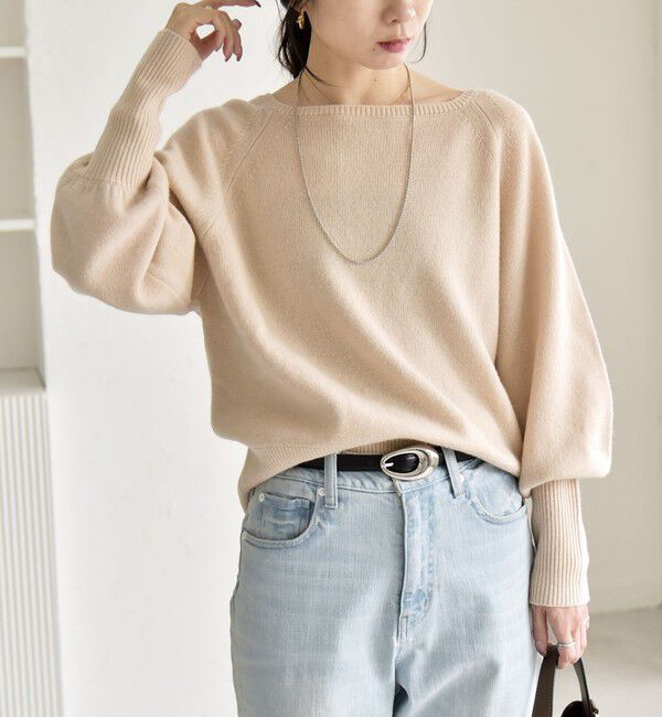 quaranciel「quaranciel:〈手洗い可能〉AQUA カシミヤ ミックス ボートネック ロングリブ パフ ニット」|ニット・セーター|ベージュ