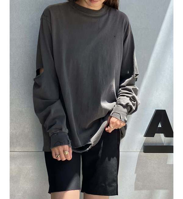 A_「【KURO/クロ】17/-ROUND SHAPE DYED DAMEGE L/S TEE」|Tシャツ・カットソー|