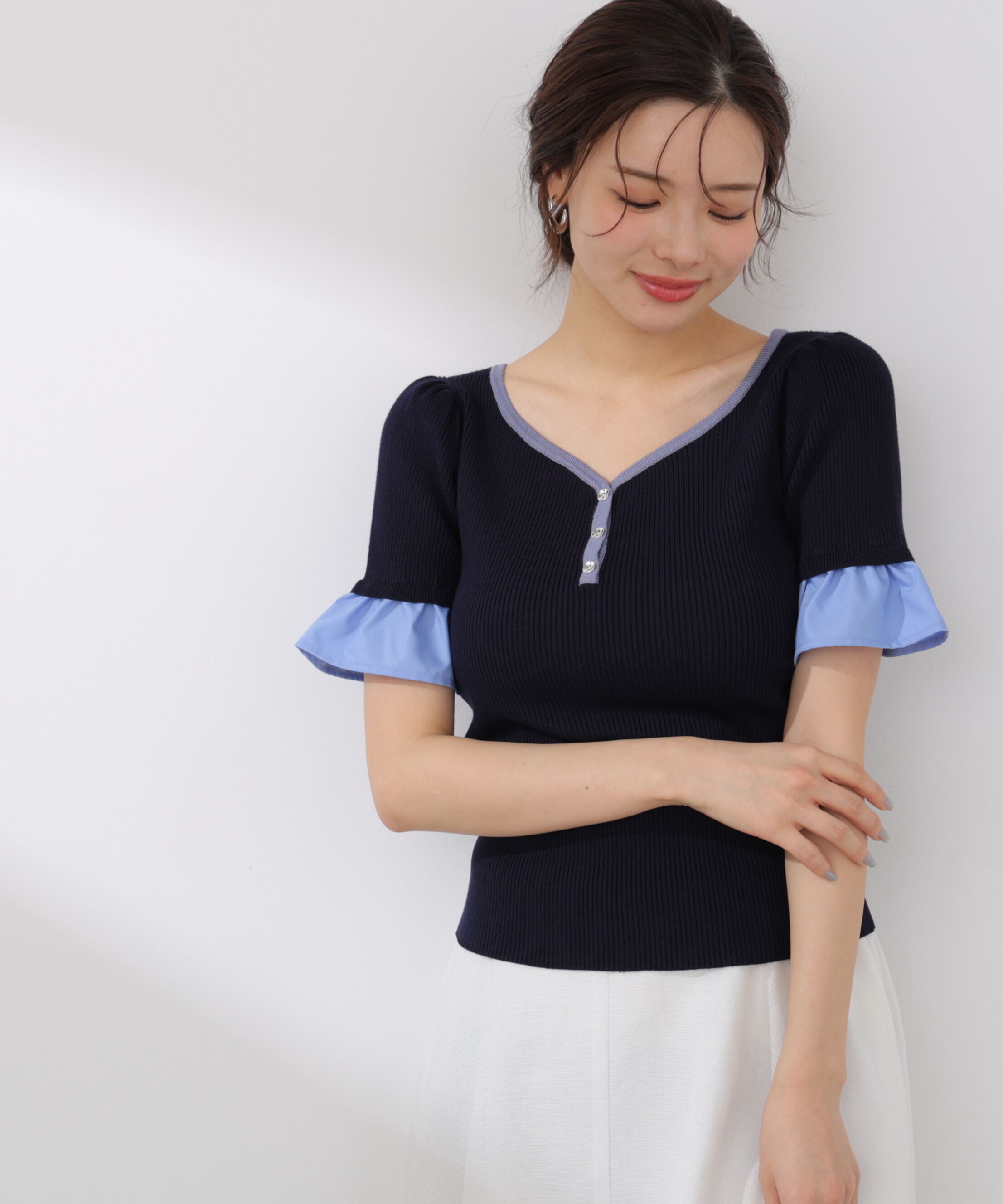 PROPORTION BODY DRESSING「異素材ハーフスリーブニット」|ニット・セーター|ネイビー&times;ブル