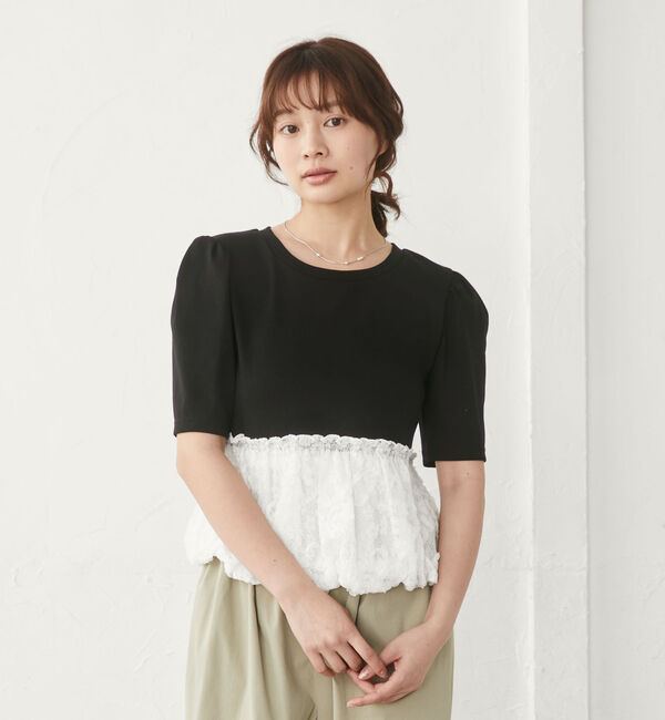 archives「ボーダーアソートレースドッキングバルーンＴＯＰＳ」|Tシャツ・カットソー|BLACK