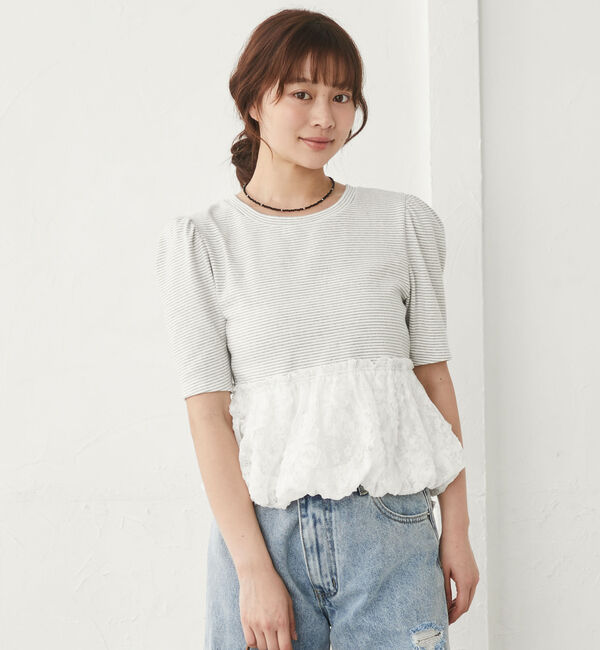 archives「ボーダーアソートレースドッキングバルーンＴＯＰＳ」|Tシャツ・カットソー|WHITE/BLACK