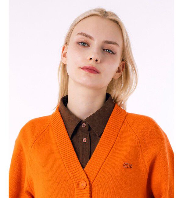 LACOSTE「編地切り替えニット クロップド丈 ショートカーディガン」|カーディガン|