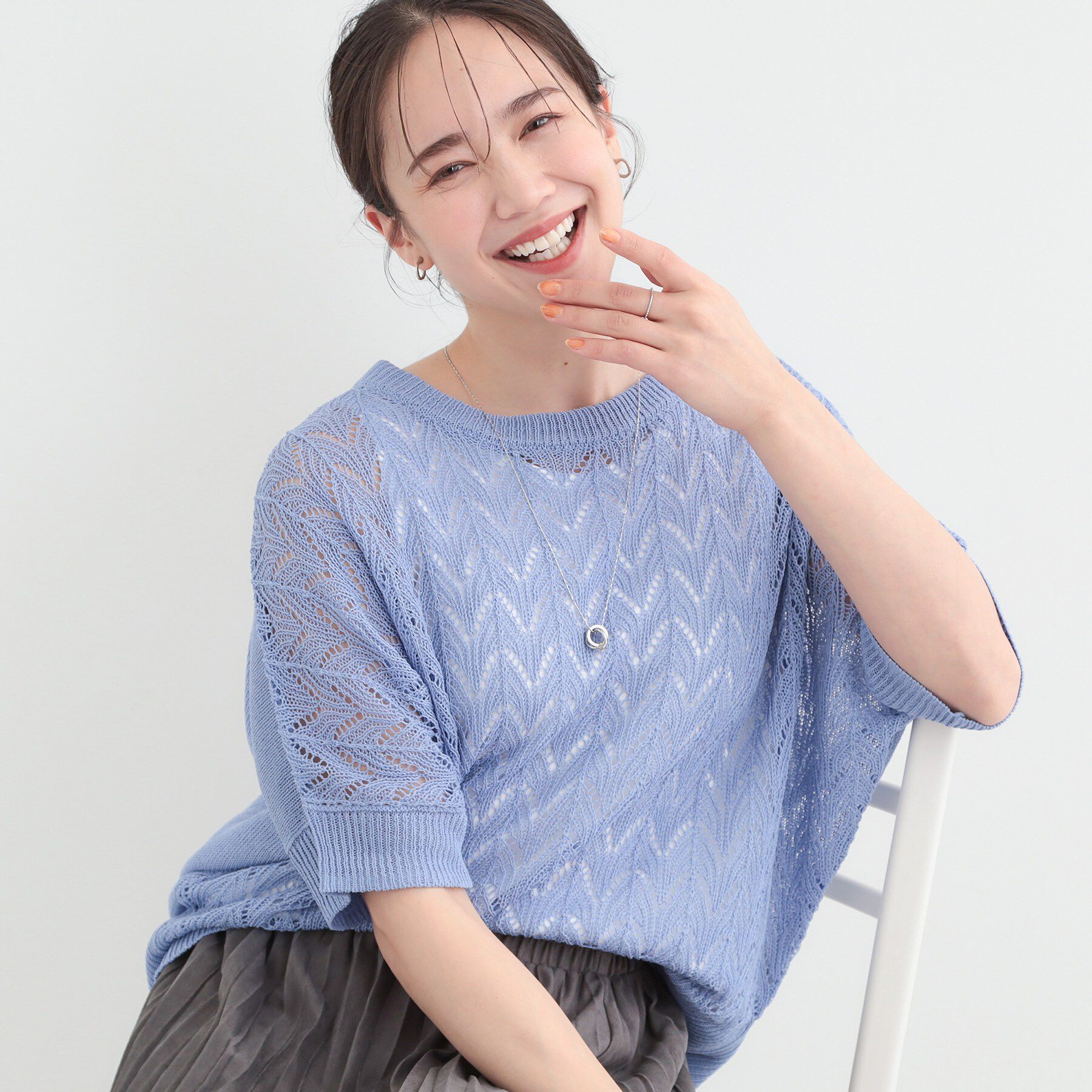 SHOO･LA･RUE「【2点セット/洗濯機可/S-LL】涼やか大人の透かしドルマンニット」|その他|ブルー(092)