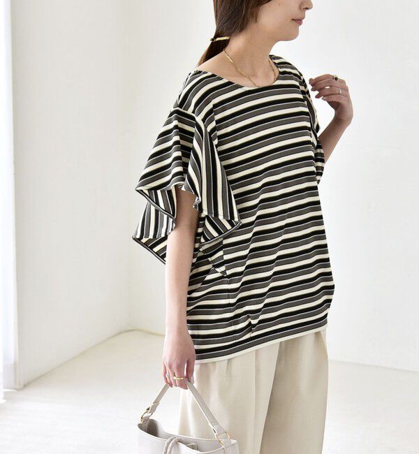 quaranciel「quaranciel:〈洗濯機可能〉マルチボーダー ラッフル コクーン プルオーバー」|Tシャツ・カットソー|