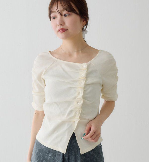  「ギャザーテレコ半袖カーディガン」|Tシャツ・カットソー|アイボリー