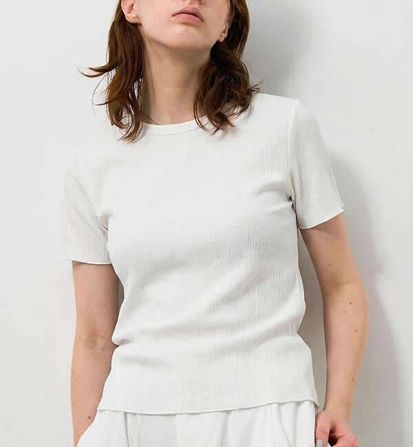 NOMINE「楊柳シボ感 リンガーTシャツ 半袖 リブ切替 クロップド丈」|Tシャツ・カットソー|ホワイト
