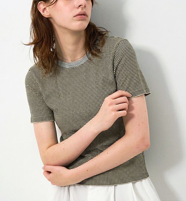 NOMINE「楊柳シボ感 リンガーTシャツ 半袖 リブ切替 クロップド丈」|Tシャツ・カットソー|ブラック系その他1