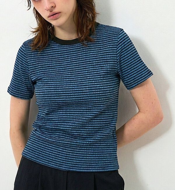 NOMINE「楊柳シボ感 リンガーTシャツ 半袖 リブ切替 クロップド丈」|Tシャツ・カットソー|ブルー