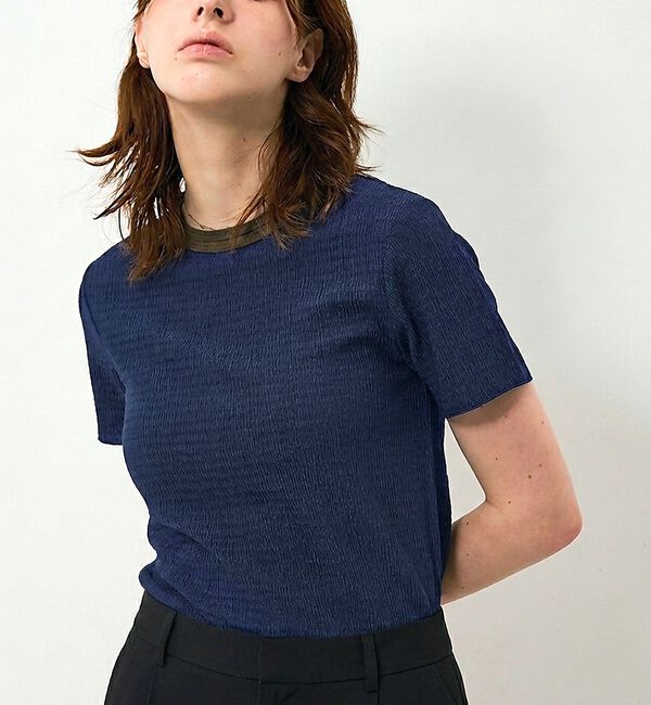 NOMINE「楊柳シボ感 リンガーTシャツ 半袖 リブ切替 クロップド丈」|Tシャツ・カットソー|ネイビー