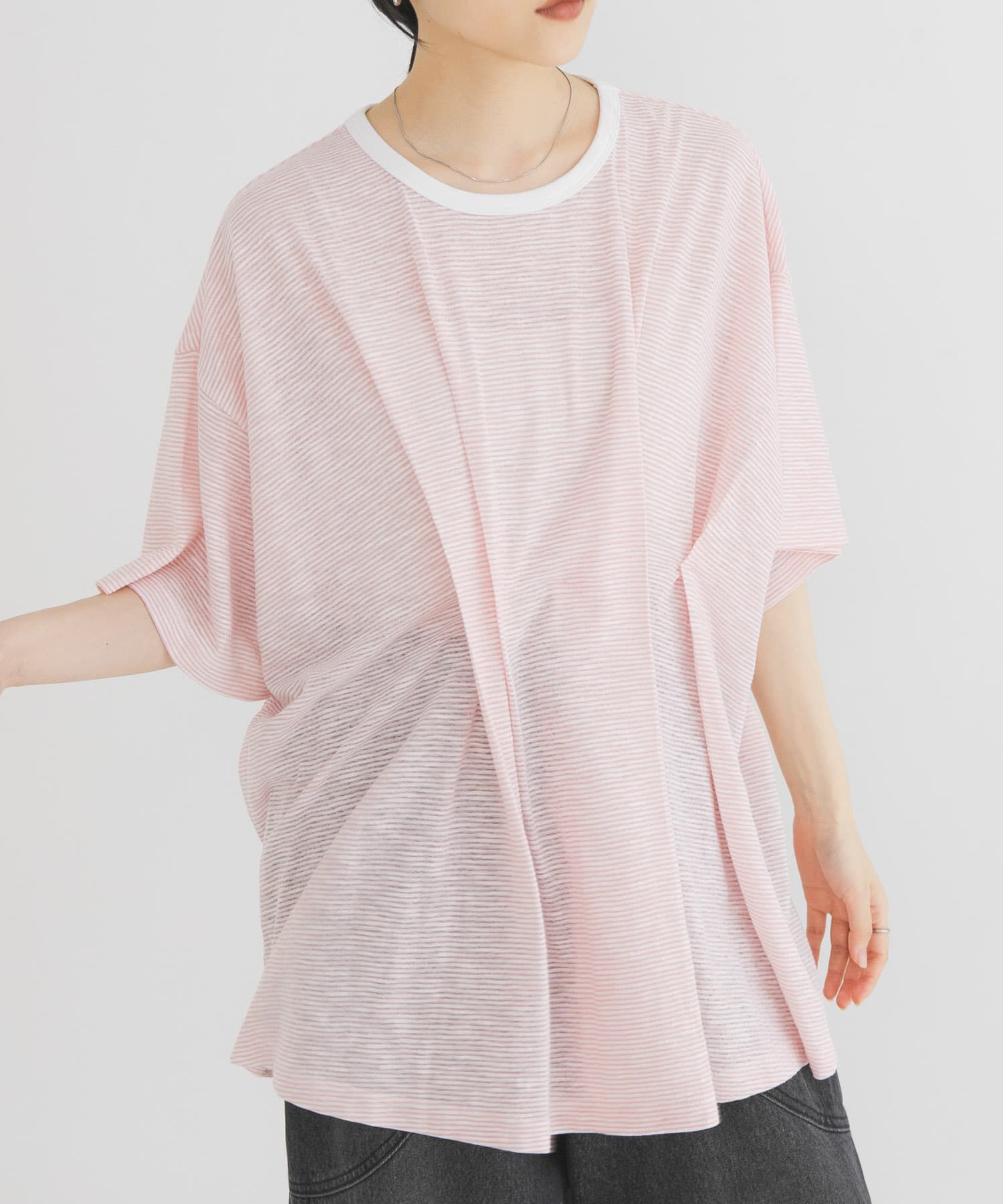  「ランダムタックボーダーTEE」|Tシャツ・カットソー|ピンク系その他