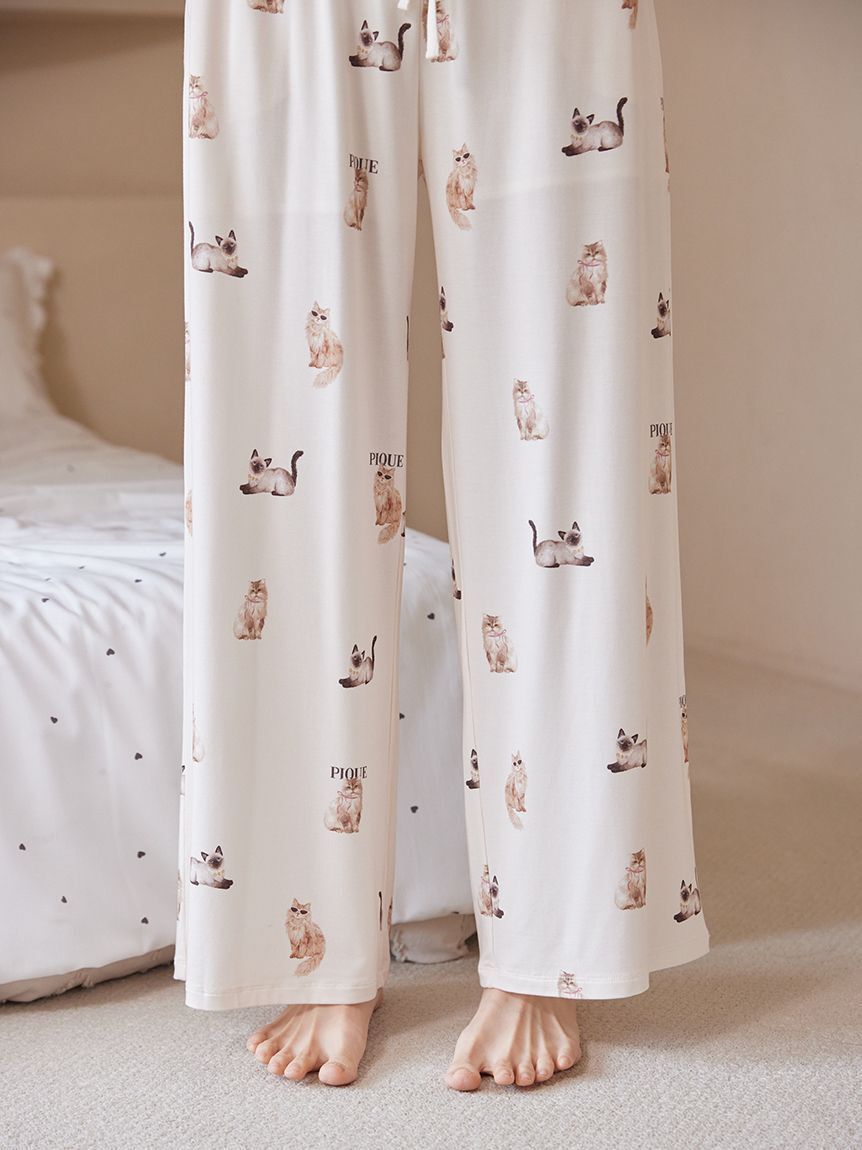 gelato pique「【ONLINE限定】【接触冷感】ファッションCATS&DOGS ワンポイントTシャツ&ロングパンツセット」|ルームウェア|