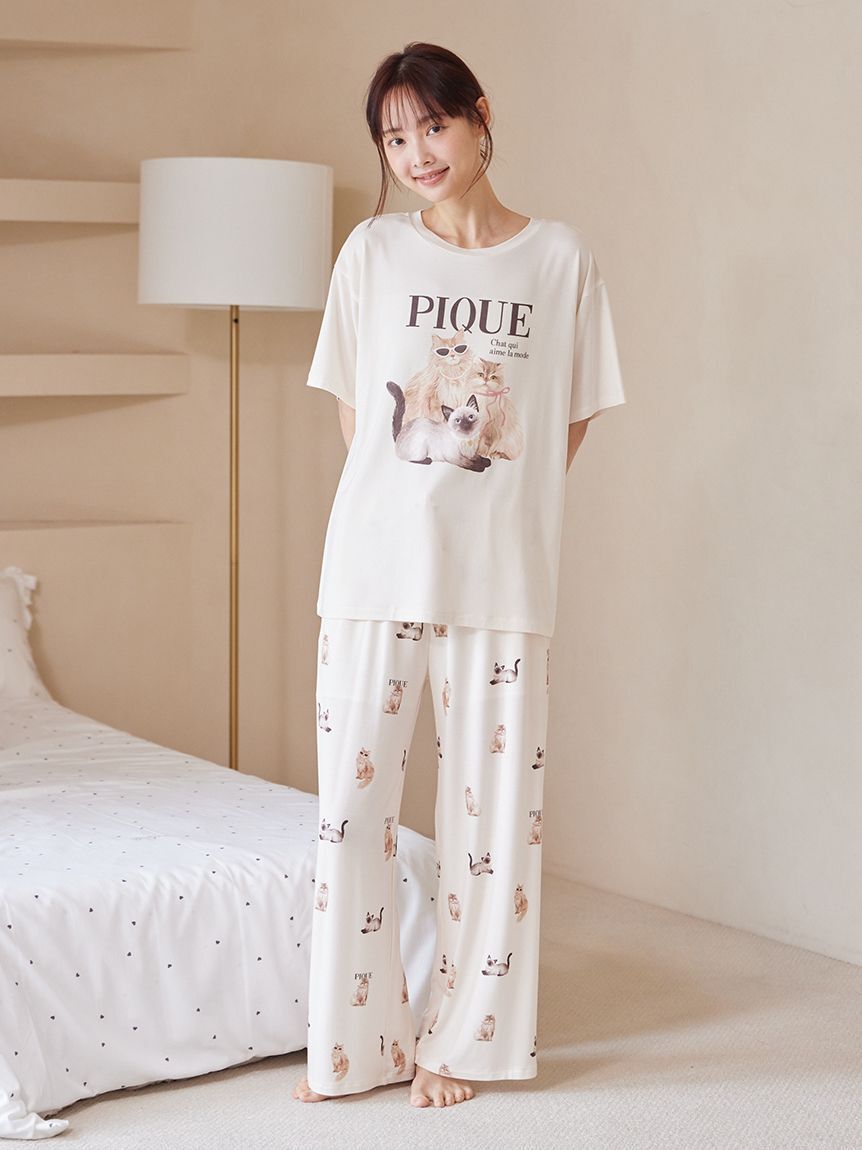 gelato pique「【ONLINE限定】【接触冷感】ファッションCATS&DOGS ワンポイントTシャツ&ロングパンツセット」|ルームウェア|