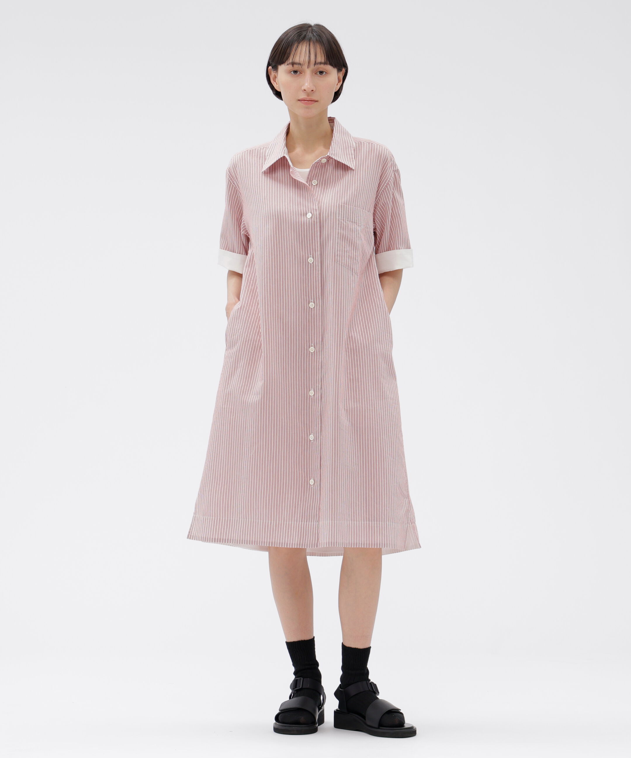  「DOUBLE STRIPE COTTON SILK DRESS」|ワンピース|RED