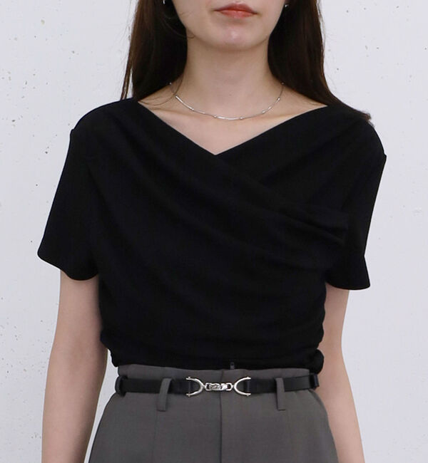 archives「【ＯＮかわ】ハーフスリーブクロスタックドレープオフショルＴＯＰＳ」|Tシャツ・カットソー|BLACK