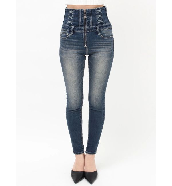 GYDA「ハイウエストsacred edge crossフロントZIPレースアップスキニーデニムパンツ」|デニム|