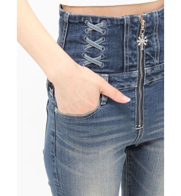 GYDA「ハイウエストsacred edge crossフロントZIPレースアップスキニーデニムパンツ」|デニム|