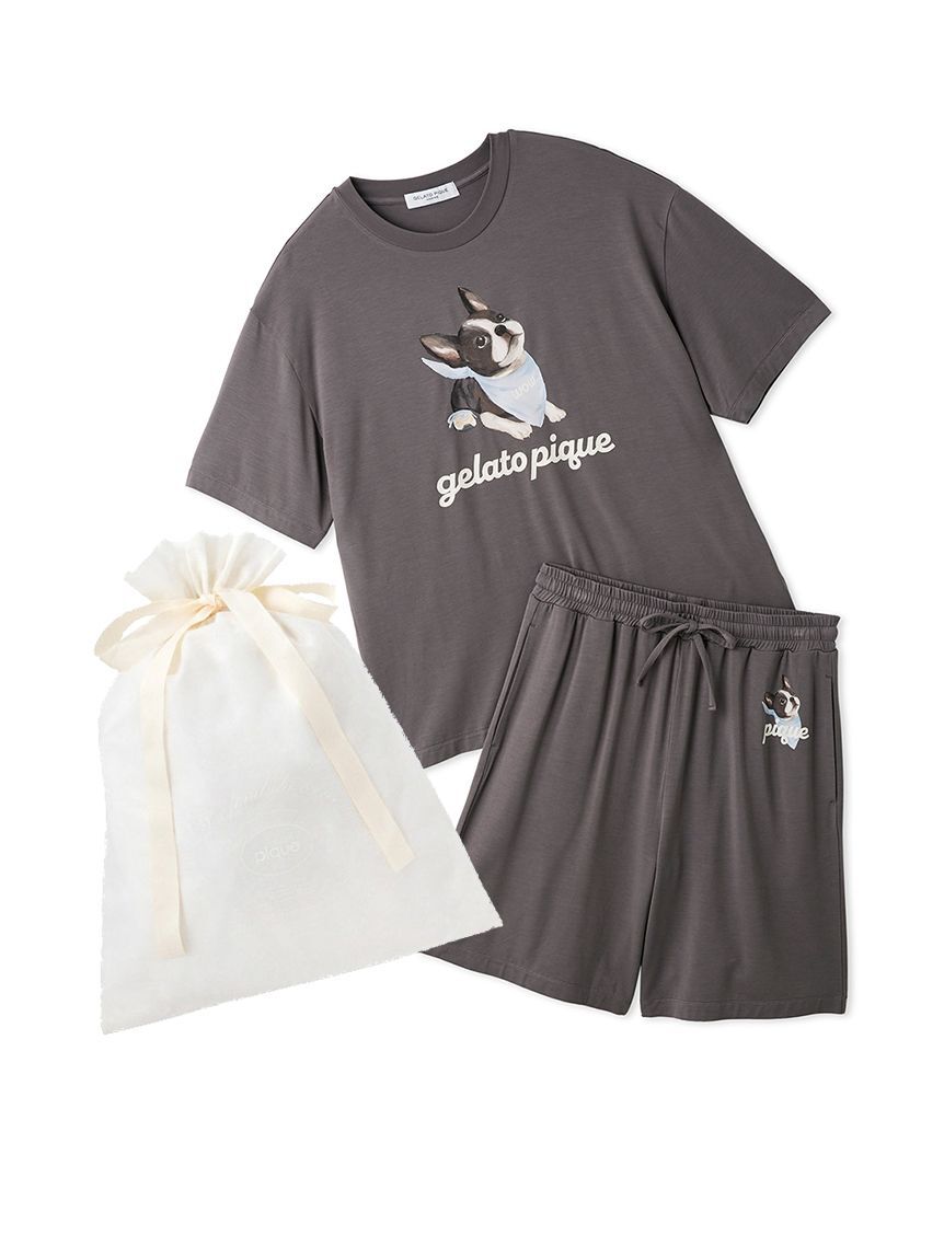 GELATO PIQUE HOMME「【ラッピング済み】【HOMME】【接触冷感】レーヨンドッグワンポイントTシャツ&ハーフパンツセット」|ルームウェア|DGRY