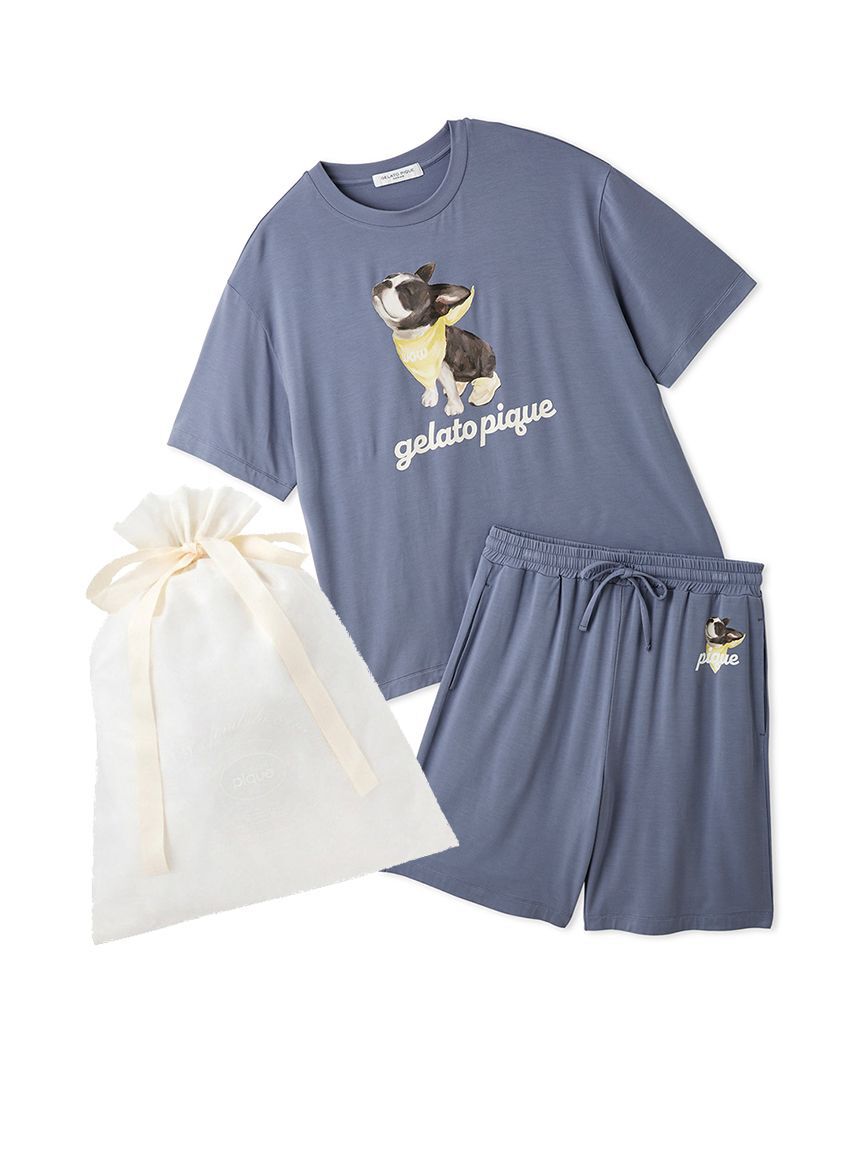 GELATO PIQUE HOMME「【ラッピング済み】【HOMME】【接触冷感】レーヨンドッグワンポイントTシャツ&ハーフパンツセット」|ルームウェア|NVY