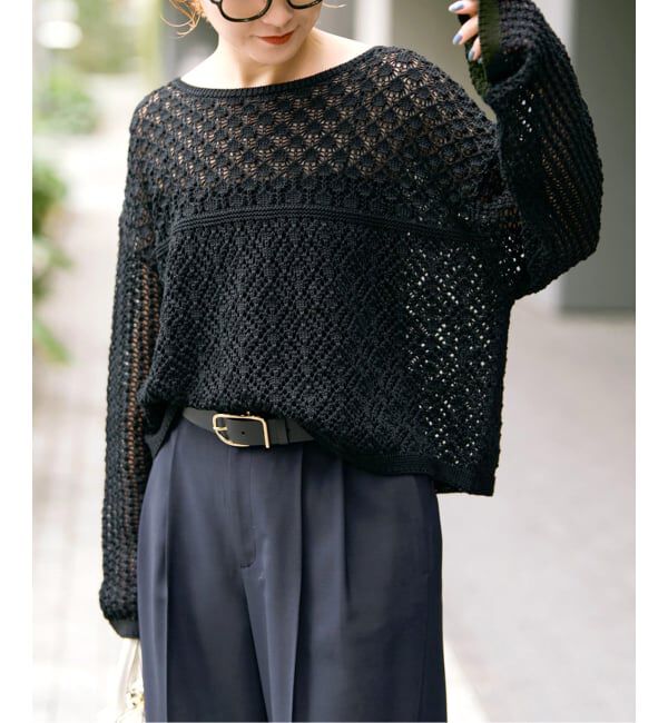 Spick and Span「《WEB限定 / 追加》透かし編みボートネックニット」|ニット・セーター|ブラック