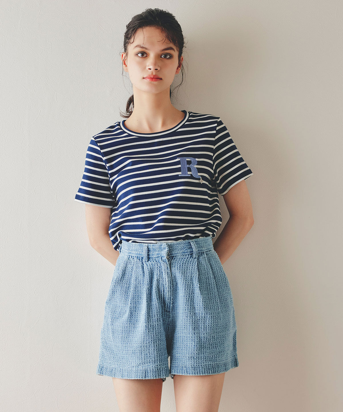 REDYAZEL「レーザーカットデニムショートパンツ」|キュロット|サックス